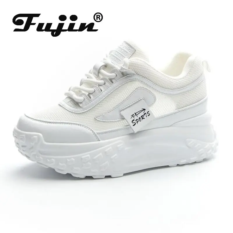 Fujin 7cm Air Mesh Breathable Genuine Leather Air Mesh Casual Platform Sneakers Chunky Heel Women Summer Shoes Sapatos Femininos