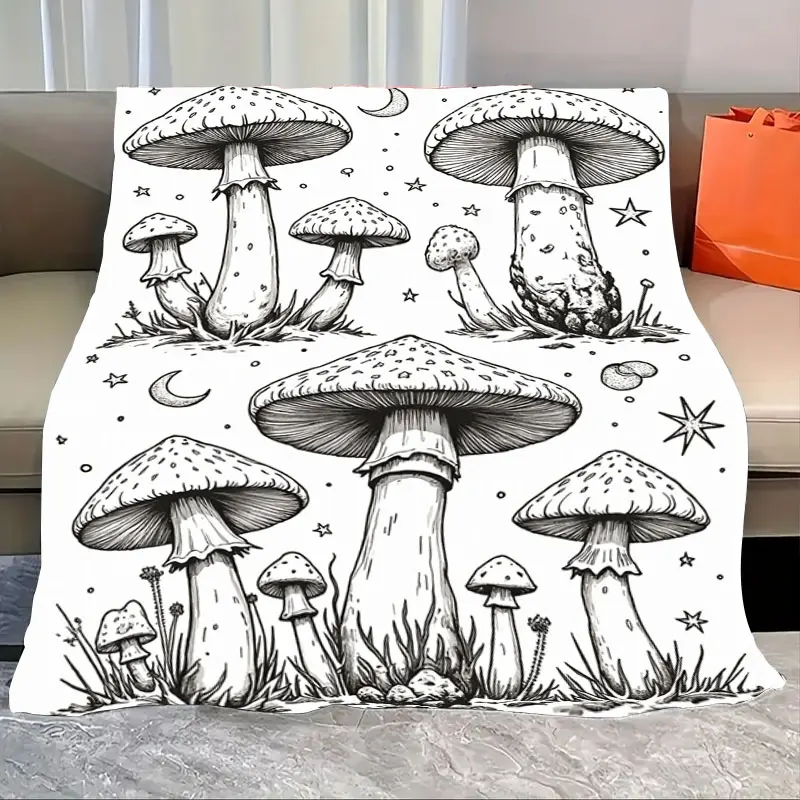 

1pc Flannel Blanket "Enchanted Forest Mushroom Blanket - Black & White Boho Style Throw"