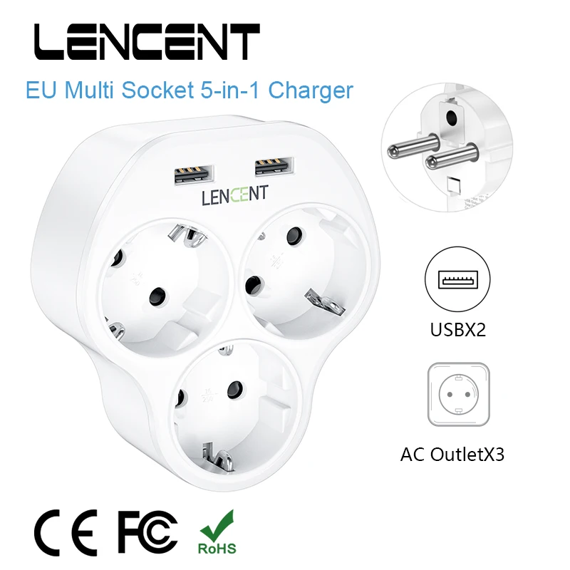 LENCENT  EU Multiple Wall Socket Charger with 3 AC Outlets  and 2 USB Ports 5 in 1 Adapter  Overload Protection for Home/Office