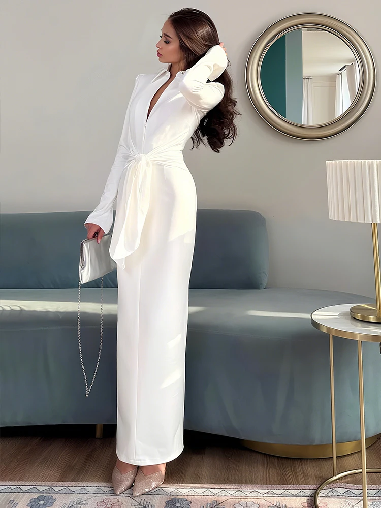 Sisterlinda Office Style Dress Women Shoulder Padded Zip Wrapped Bandage Full Sleeve Splits Elegant Solid Simple Long Bodycon