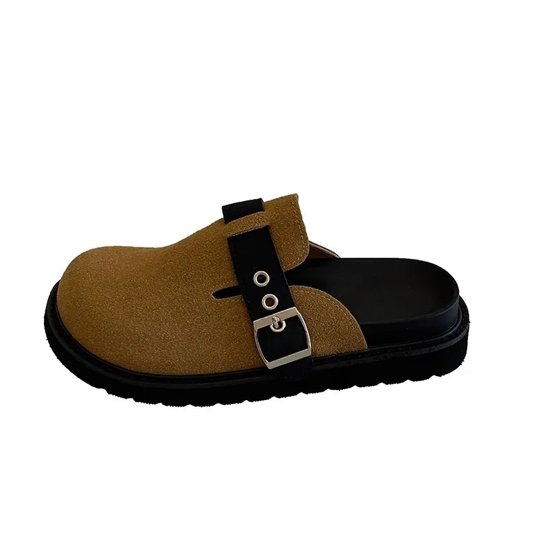 Baotou Slippers Platform Female Shoes Flock Mules Slides Soft Casual PU Fabric Hoof Heels Retro  Autumn Rubber Leisu