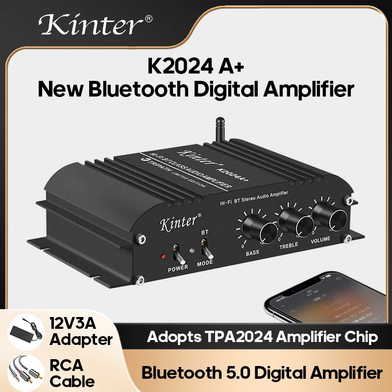 

KINTER Bluetooth 5.0 Audio Amplifier 2-channel Digital Amplifier Treble Bass Adjustment TPA2024 Chipwith 12V Adapter RCA Cable