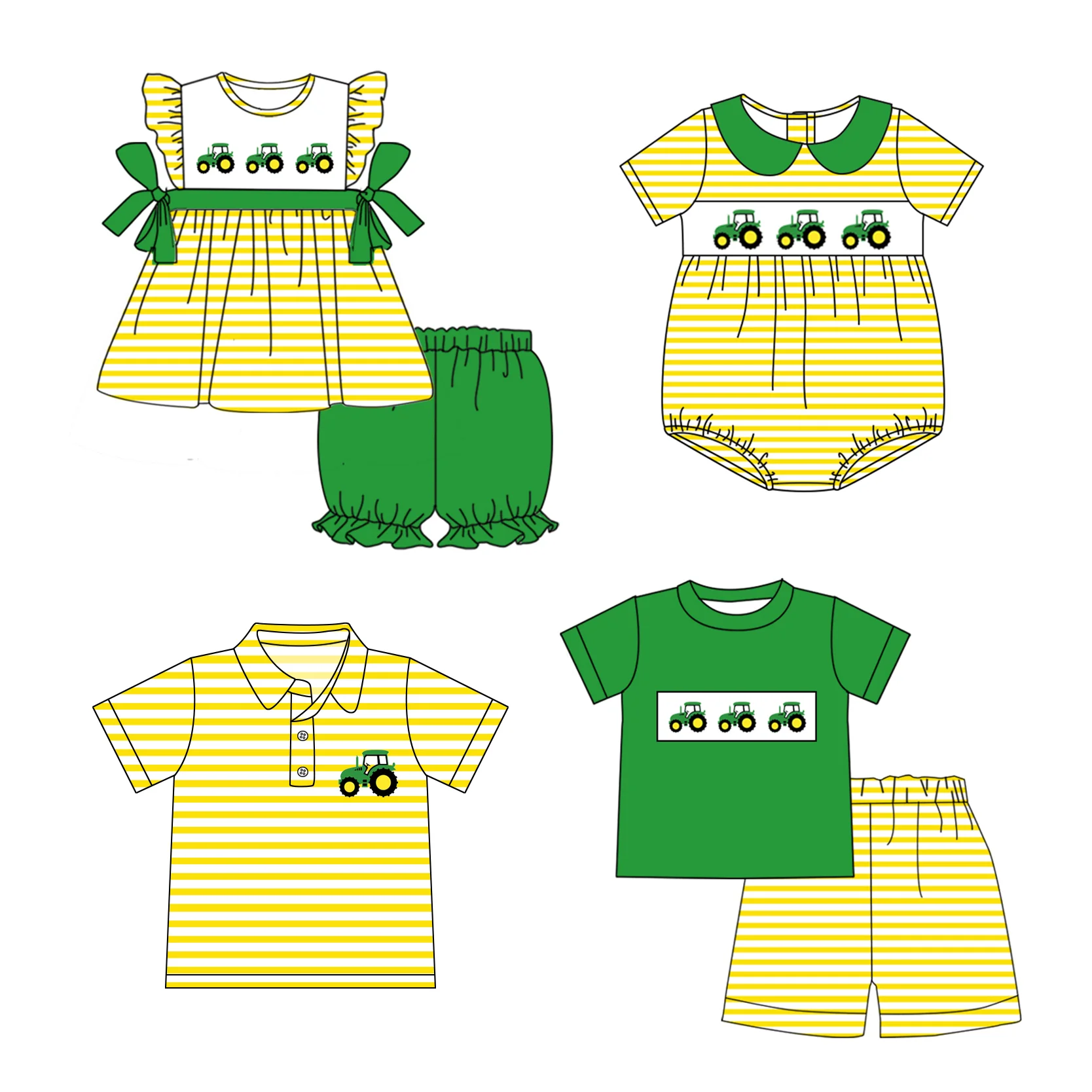 Kids Summer Clothing Set Farm Series Truck Print Yellow Striped Green Shorts Boys Clothes Children's Outfit