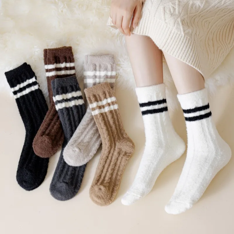 

6 Pairs Warm Cashmere Socks Women Stripe Thicken Winter Socks Vintage Solid Mid Tube Wool Thermal Fashion Home Sleeping Socks