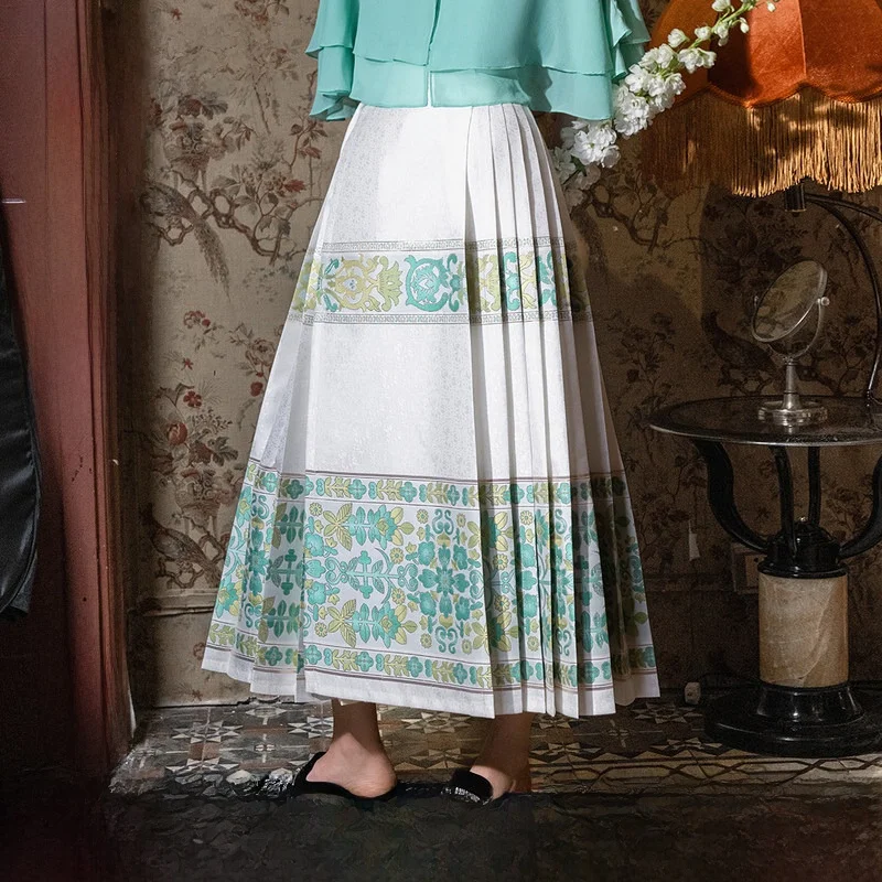 

Китайская длинная юбка в стиле ретро для женщин, вышитая миди-юбка с поясом, А-силуэт, с цветочным узором, из полиэстера