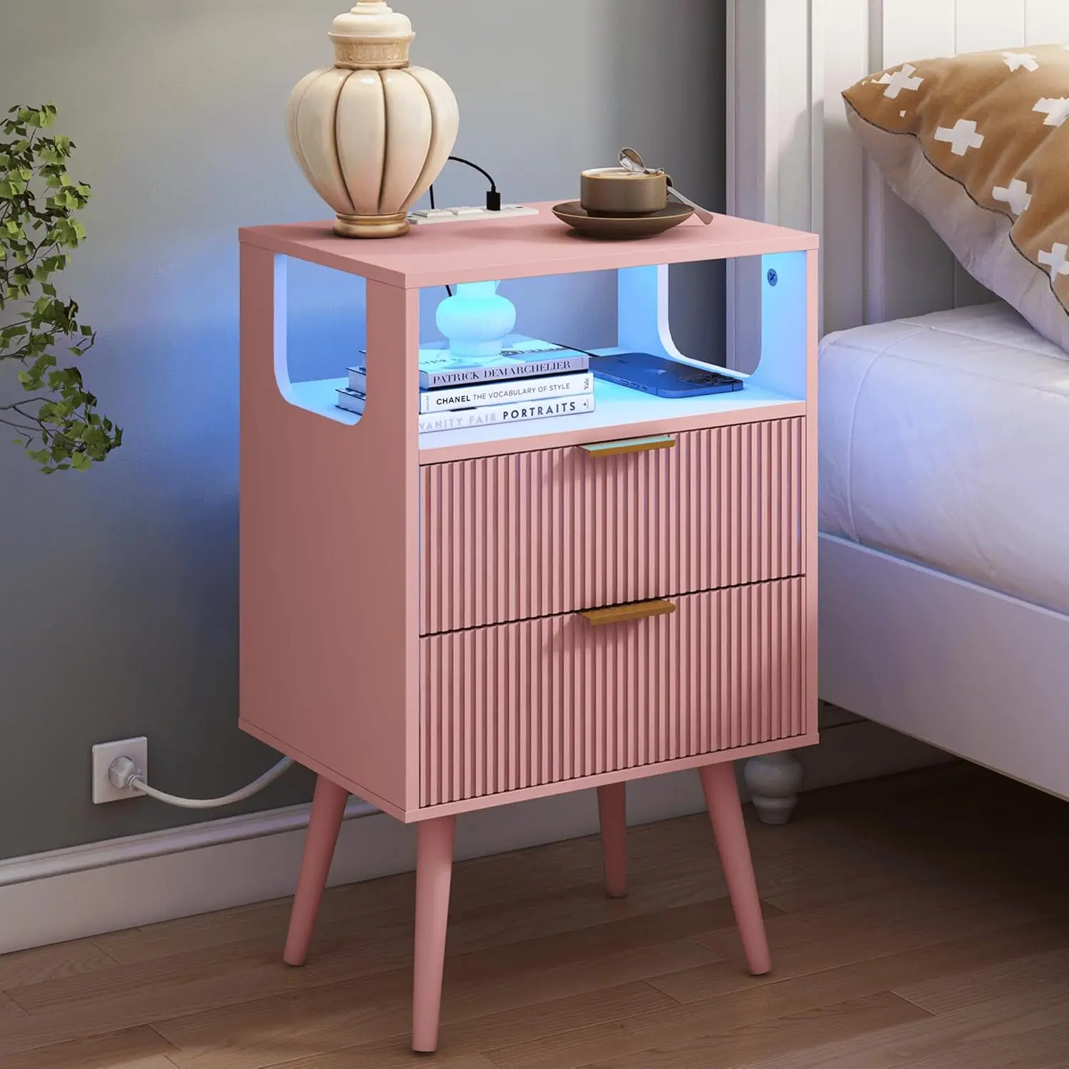 

Pink Nightstand With Charging Station And Led Lights,Modern Bedside Table With 2 Storage Drawer And Open Wood Shelf, For