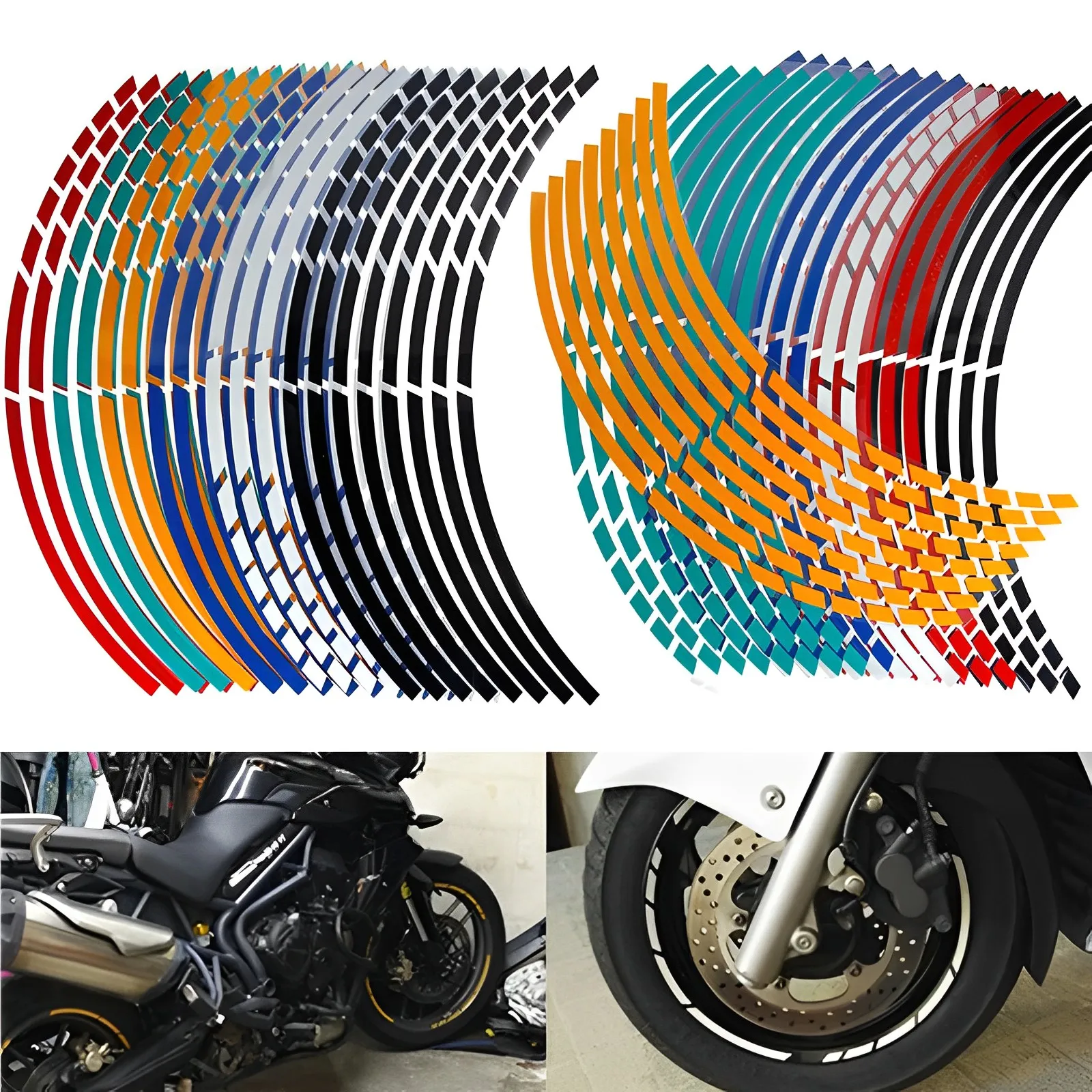 16Pcs Motorcycle Car Tire Decals Trim Strips Universal Reflective Bike Wheel Sticker Waterproof Motorcycle Wheel Rim Tape 17