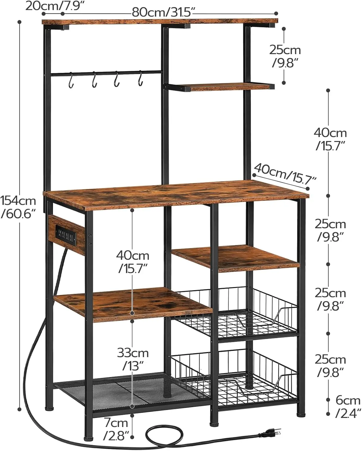 Tesa Messzemenő Pék Arrak vel áram kivezetések, 6-tier Mikrohullám állni vel 4 Horog, Kávé sáv, konyhai Áruosztály vel vezeték kosárba, 