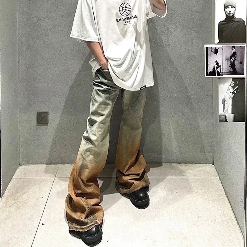 Dark RO High Street Denim Pants Men's Washed Retro Loose Wide Leg Micro Trumpet Stacking Gradient Distressed Jeans Pants