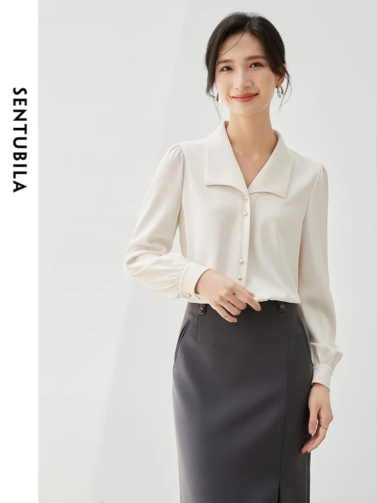 SENTUBILA Texture Office Lady Shirt for Women 2025 Spring Turn Down Collar Fold Long Sleeve Basic Simple Casual Blouse 143C56824