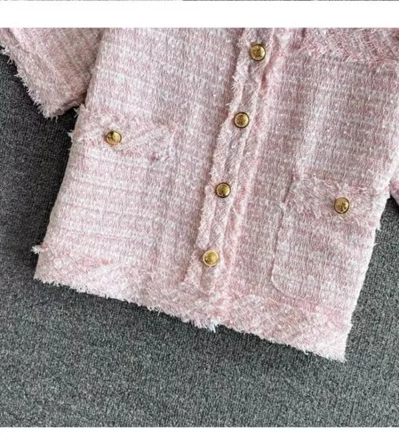 Summer Thin Temperament Short Sleeve Coat Pink Tweed Top Jaquetas Chaquetas Women Clothing Crop Tassels Blazers Jacket