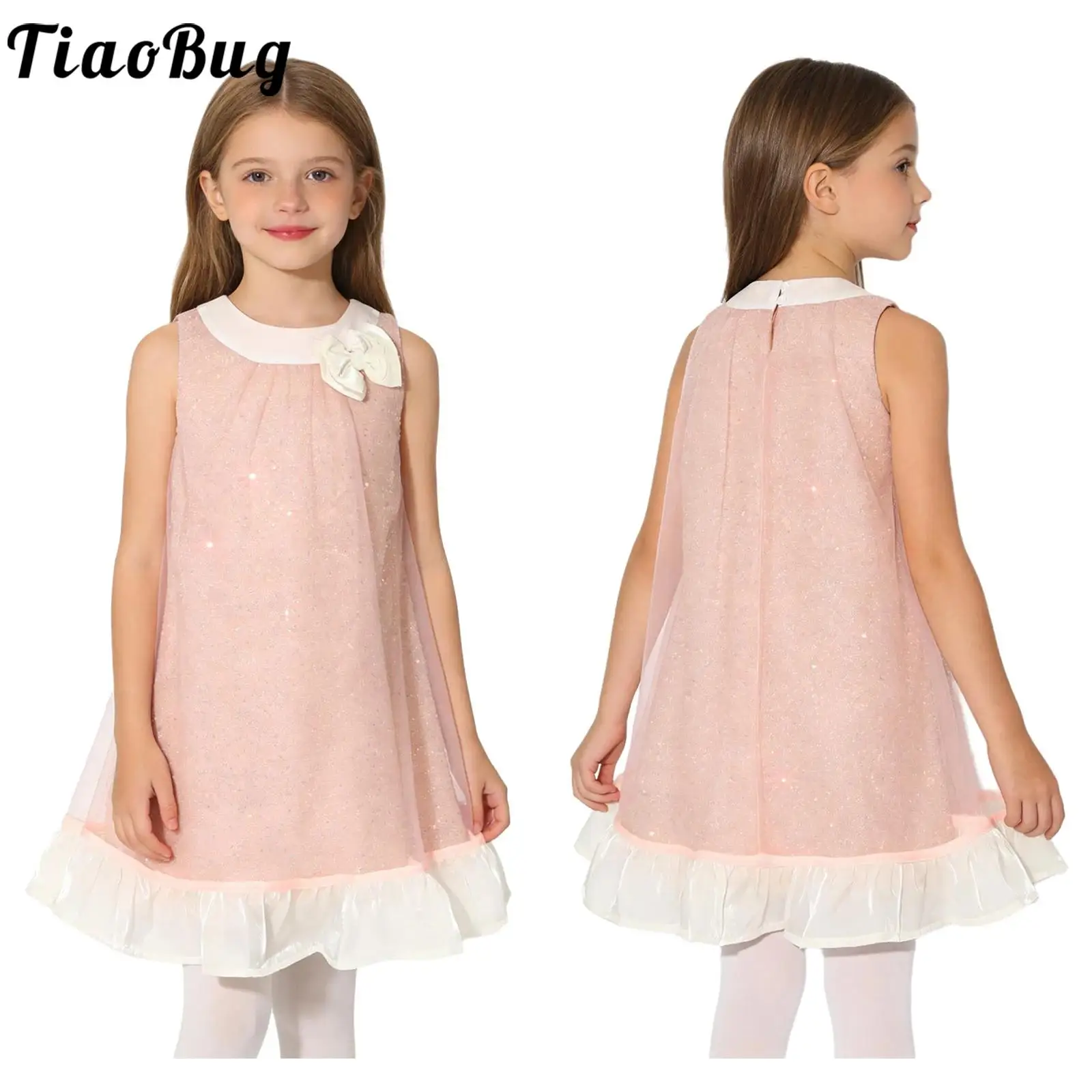 Kids Flower Girls Princess Dress Cute Bow Sparkly Sequin Sleeveless Tulle Ruffled Dresses Birthday Party Wedding Banquet Gown