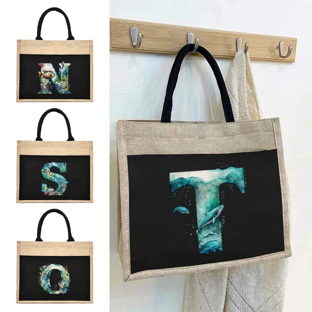 Environmentally Friendly Fish Letter Printing Pattern Linen Shoulder Bag Jute Imitation Linen Bags Women's Shopping Handbag