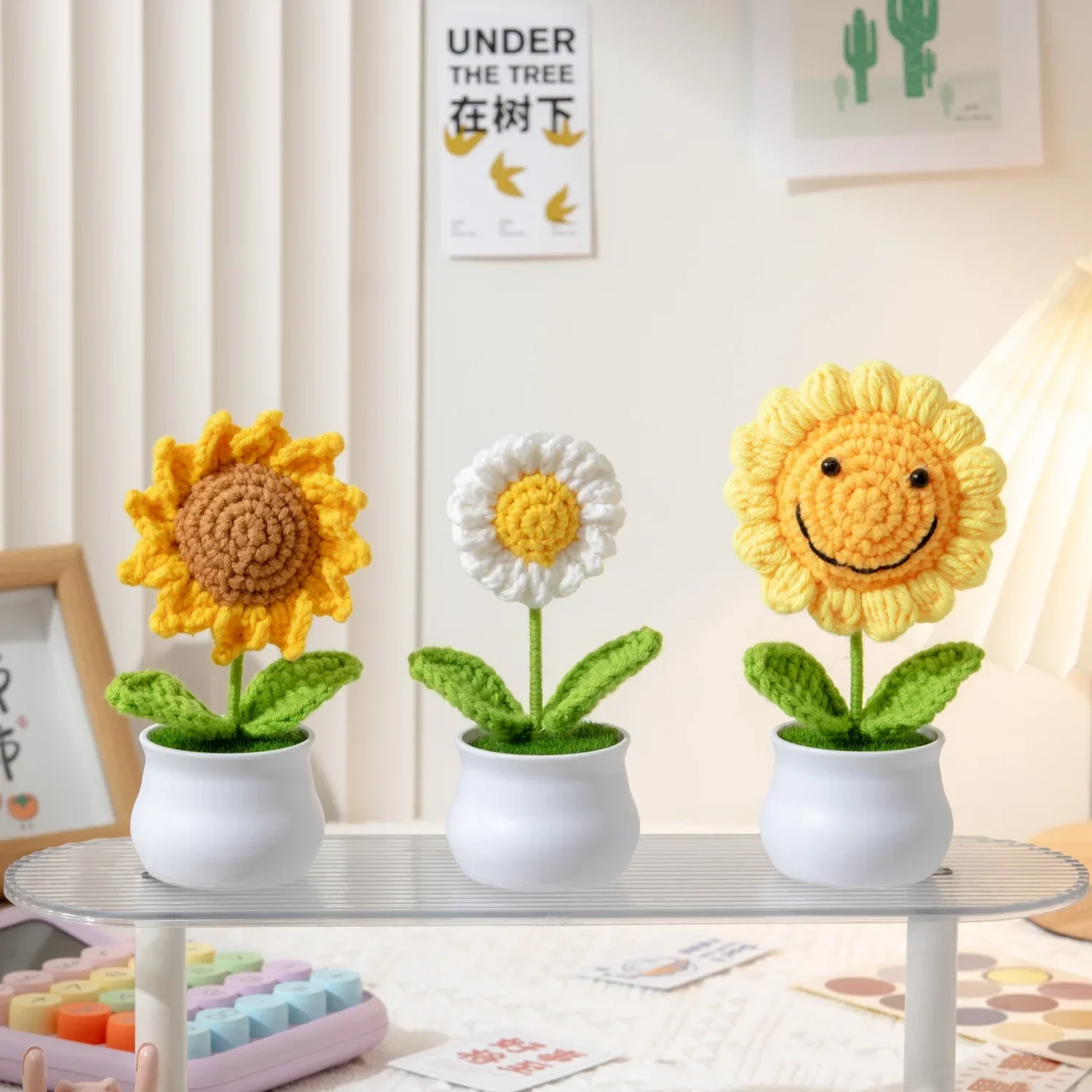 Handmade Woven Crochet Fake Plants Artificial Flowers Potted Sunflower Tulip Rose Home Office Table Decor Car Decoration Gifts