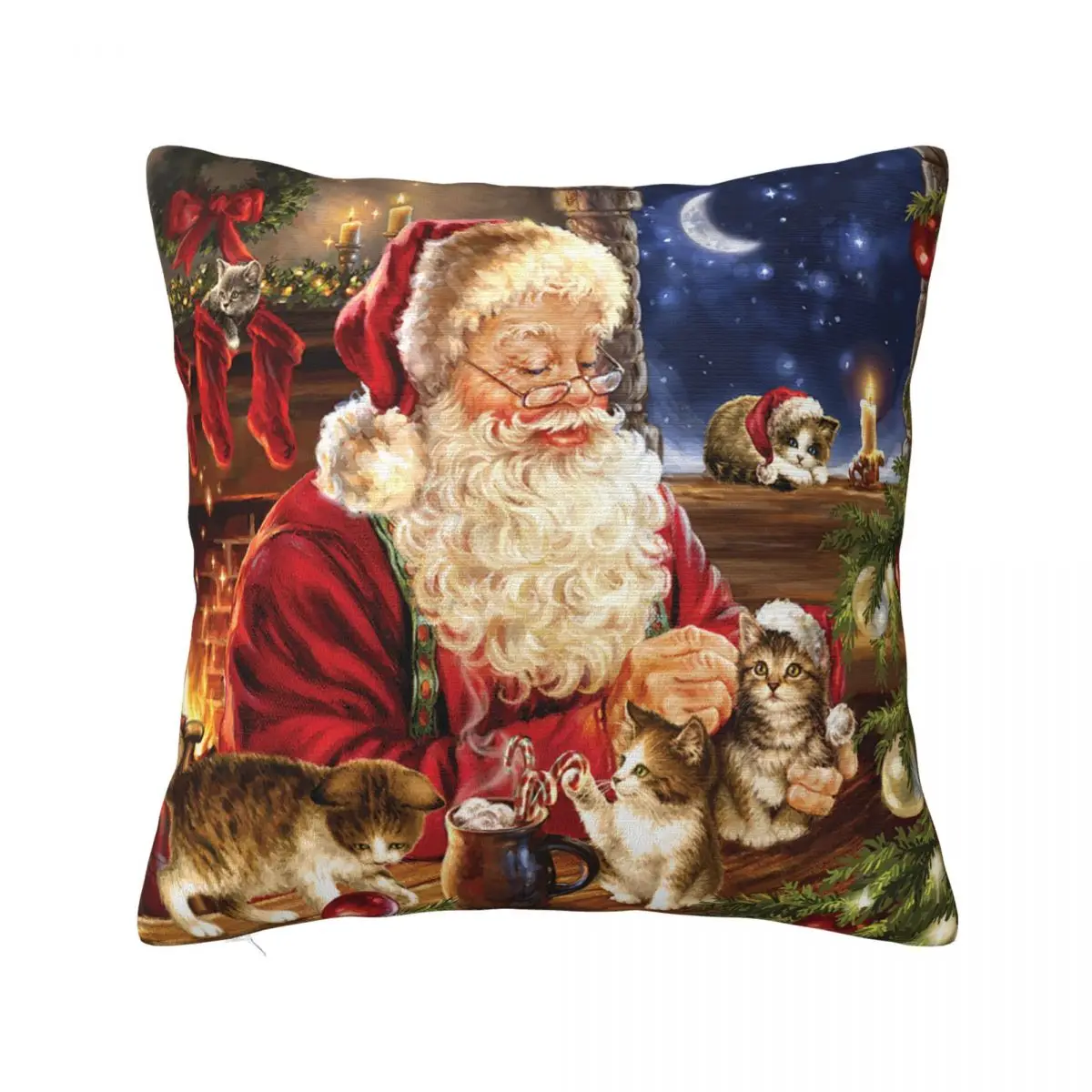 New Year Pillow Cases Merry Christmas Santa Cute Cat Cushion Covers Vintage Polyester Decorative Pillowcase for Car 45*45cm