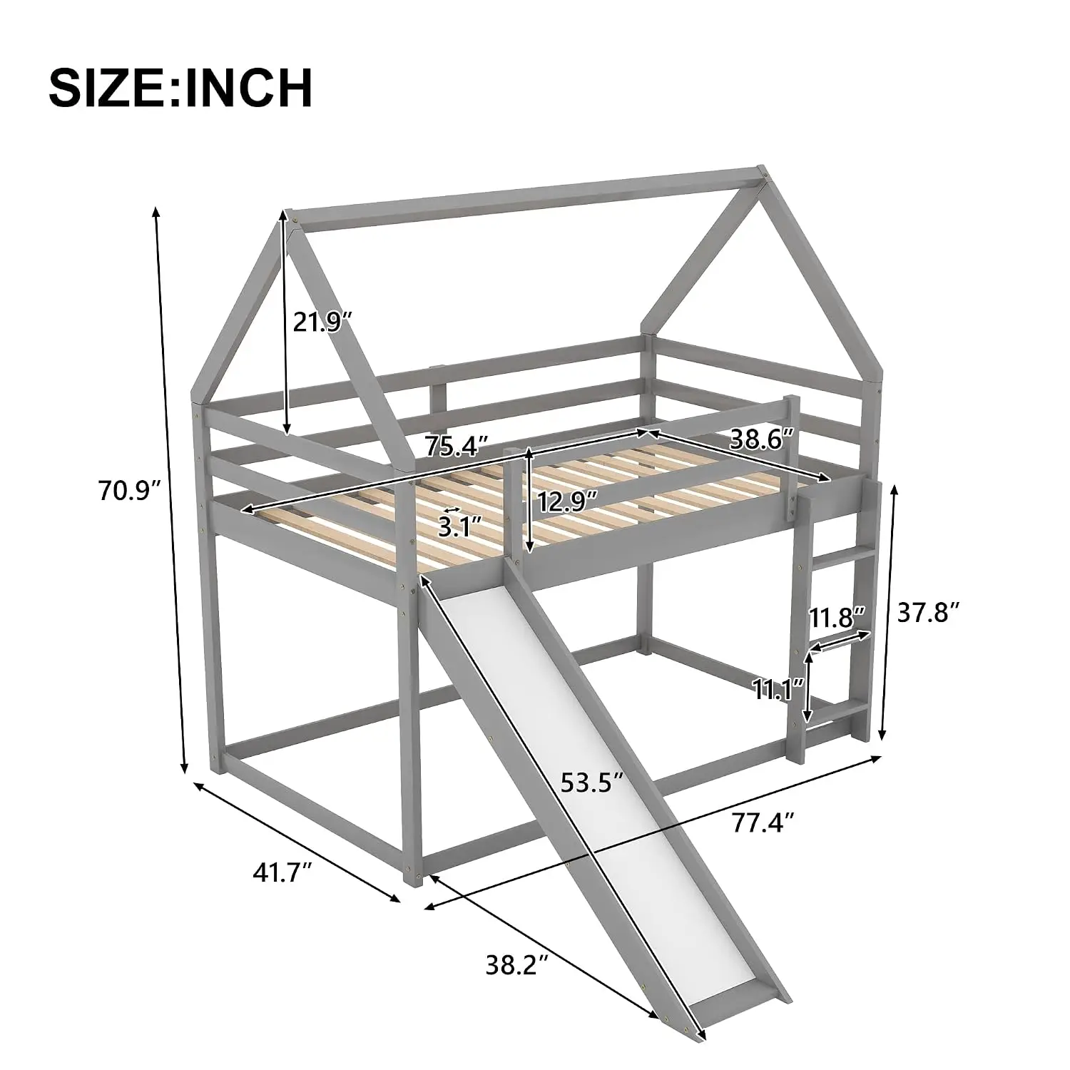 House Bunk Bed Twin Over Twin with Slide and Roof , Gray | Wood bunk bed frame with safety guardrail and, Customized