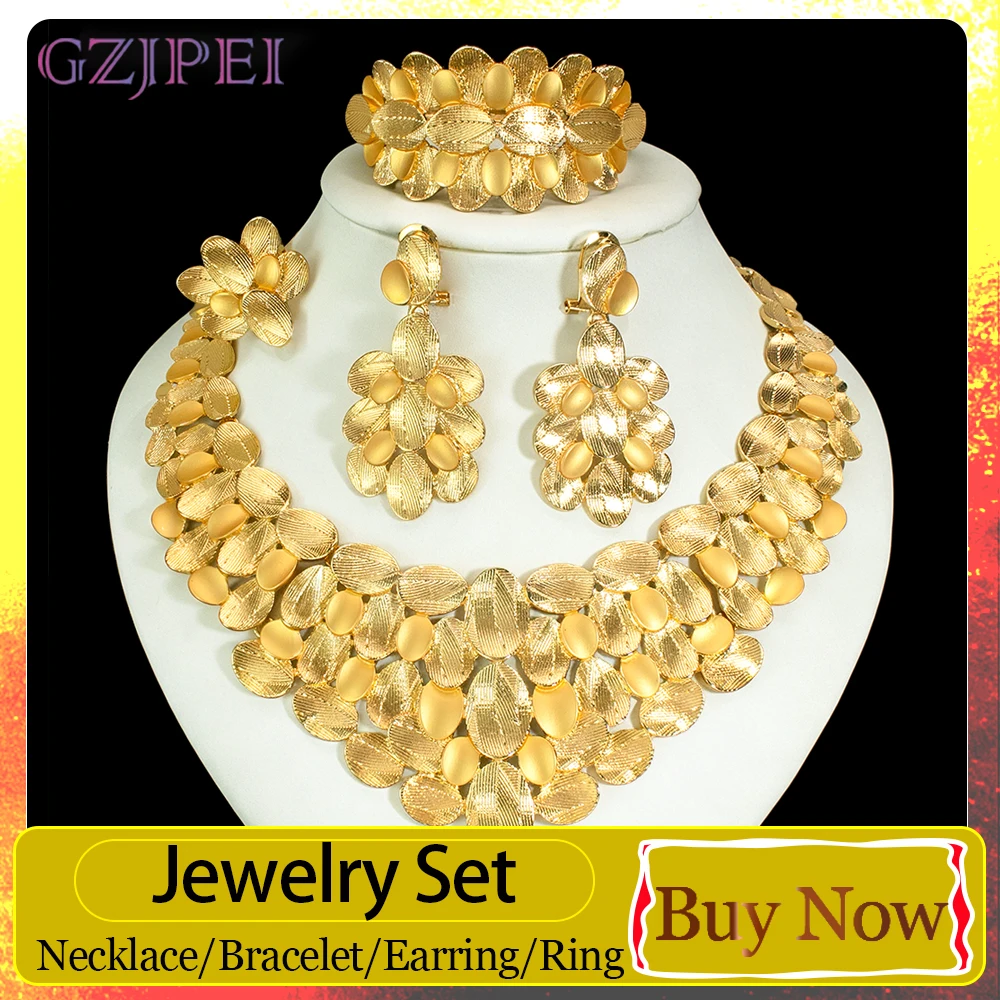 GZJPEI Luxury 18K Gold Plated Jewelry Set Layered Petal Design Nigeria Brazilian Wedding Jewelry For Mother & Friends Best Gifts
