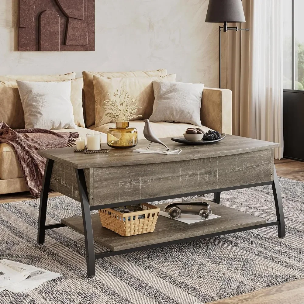 Coffee Table With Storage Industrial Mesh Shelve Space-Saver Coffee Table