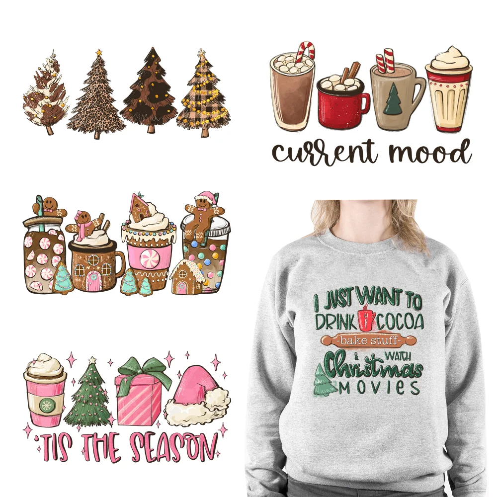 DIY DTF Printing Christmas Festival Coffee Fuel Logo Thermo Iron on Decals Heat Transfers Stickers for Hoodies