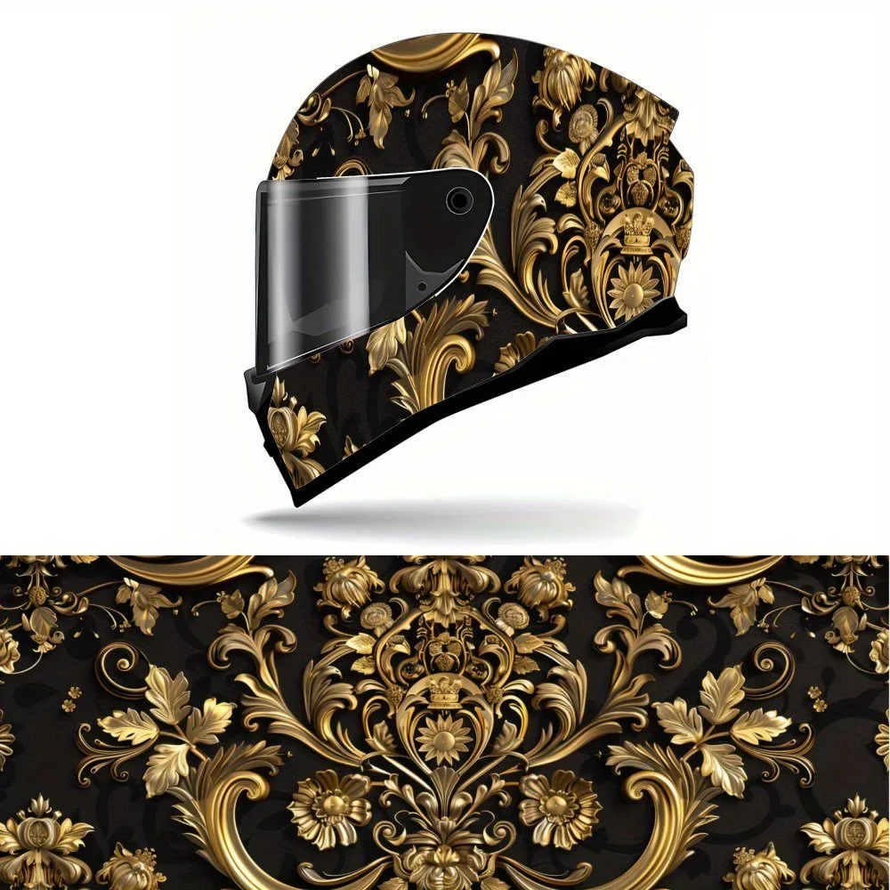 Court Style Gold Pattern PVC Motorcycle Helmet Vinyl Wrap, Self-Adhesive Waterproof Sticker, Anti-Scratch Decorative Film for Fu