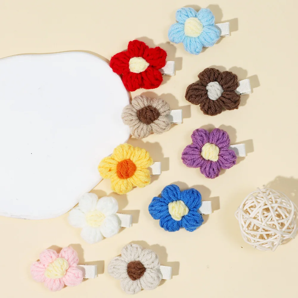 

10pcs/lot Knitted Puff Flower Hairpin Girls Ribbon Wrap Barrettes Children Cute Floral Hair Accessories Hair Clips Baby Headwear