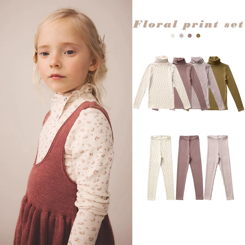 

Children's Suits for Autumn and Winter Girls' Floral Long-sleeved Jacquard T-shirts High-neck Top Leggings Kid Home Wear