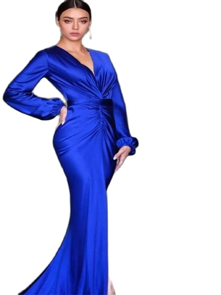 Elegant Royal Blue Evening/Prom/Party Dresses Deep V Neck Long Sleeve Arabic Celebrity Women Robe De Soirée 2024 Robe De Bal