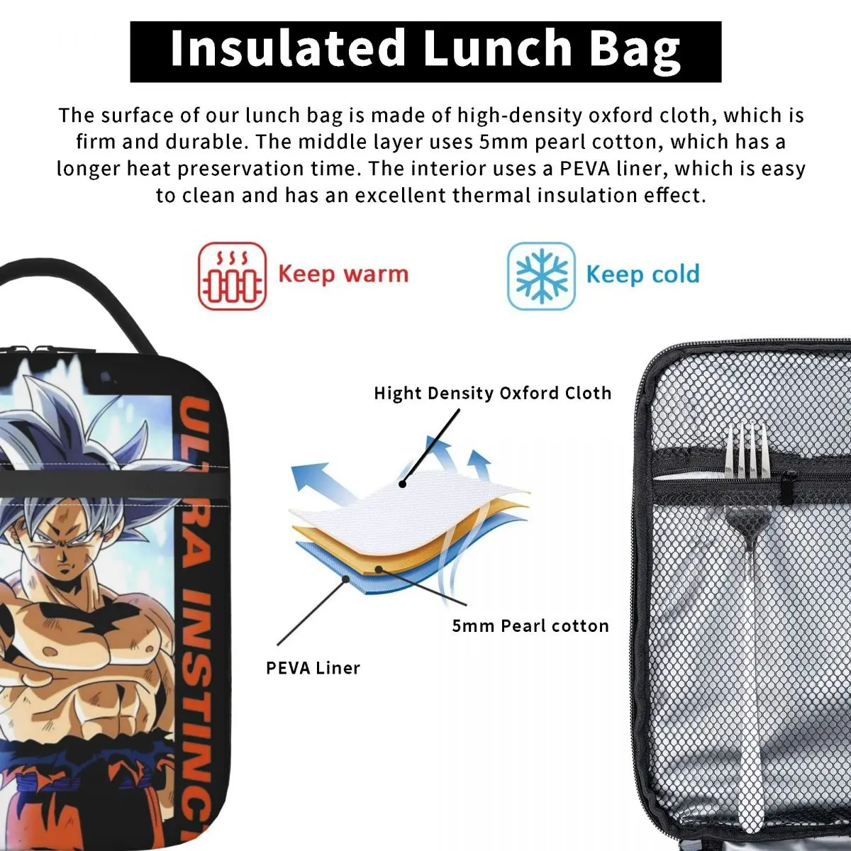 กล่องอาหารกลางวันฉนวน Ultra Instinct Goku Dragon Ball DragonBall Merch เก็บกล่องอาหารการออกแบบที่ไม่ซ้ํากัน Thermal Cooler กล่อง Bento