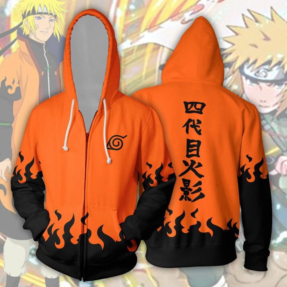 Naruto 4th Hokage Minato Anime Print Cosplay Zip Up Hoodie for Men Women Kids Soft Comfy Loose Casual Autumn Winter Streetwear