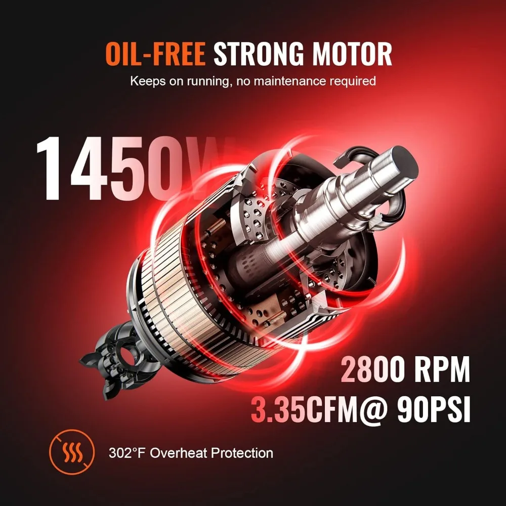 Sprężarka powietrza o pojemności 6,3 galona, 2 konie mechaniczne, z wydajnością 3,35 CFM przy 90 PSI i maksymalnym ciśnieniu 116 PSI, bezolejowa sprężarka z zbiornikiem.