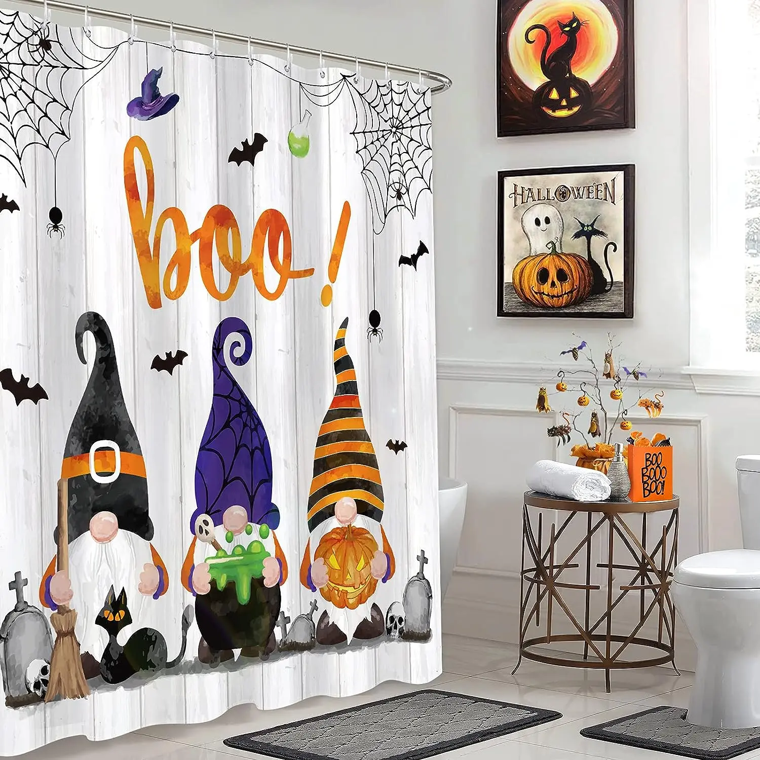 Cartoon Halloween Bathroom Curtains Creepy Spooky Polyester Fabric Washable Shower Curtain Set with Hooks Toilet Decoration