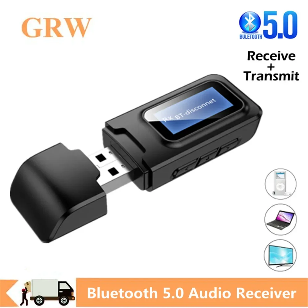 GRWIBEOU USB Bluetooth 5.0 Audio Receiver Transmitter With EDR LCD Display For TV PC USB Dongle 3.5MM AUX HiFi Wireless Adapter