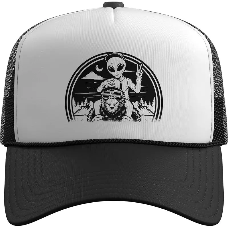 Bigfoot Alien Best Friends Trucker Hat with Adjustable Mesh Back