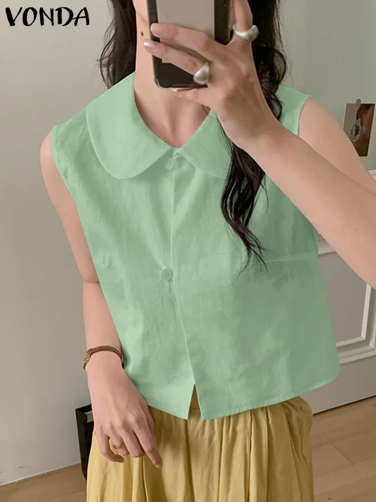 VONDA Women Sleeveless Tops Shirts 2024 Summer Fashion Lapel Casual Solid Color Blouses Buttons Loose Elegant Blusas Femininas