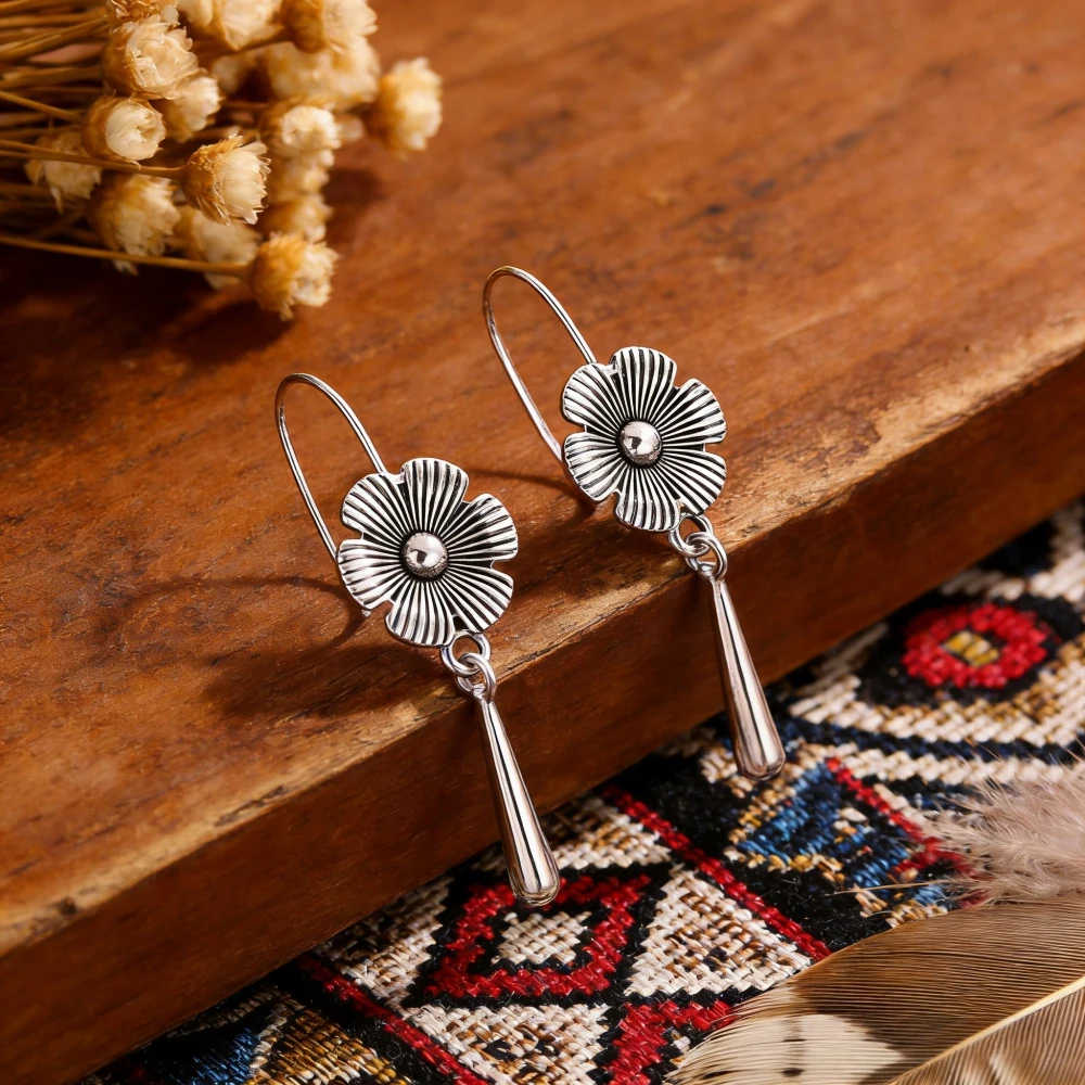 Retro Plated 925 Silver Flower Water Droplet Earrings for Women, Environmentally Friendly Copper, Niche Design, Versatile and Sl