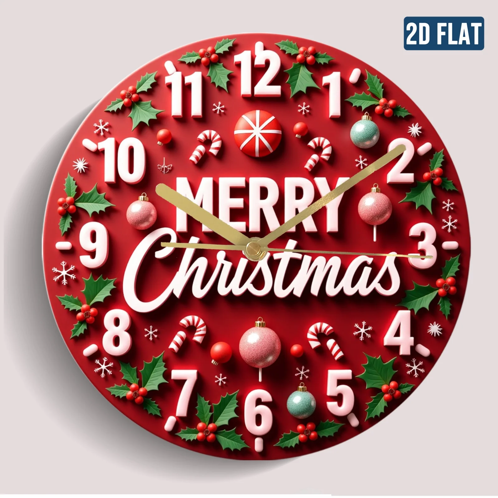 Christmas Joy Decorative Cane Candy Holly Leaf Red Round Wall Clock Theme Design, Charming Decoration - Silent Non