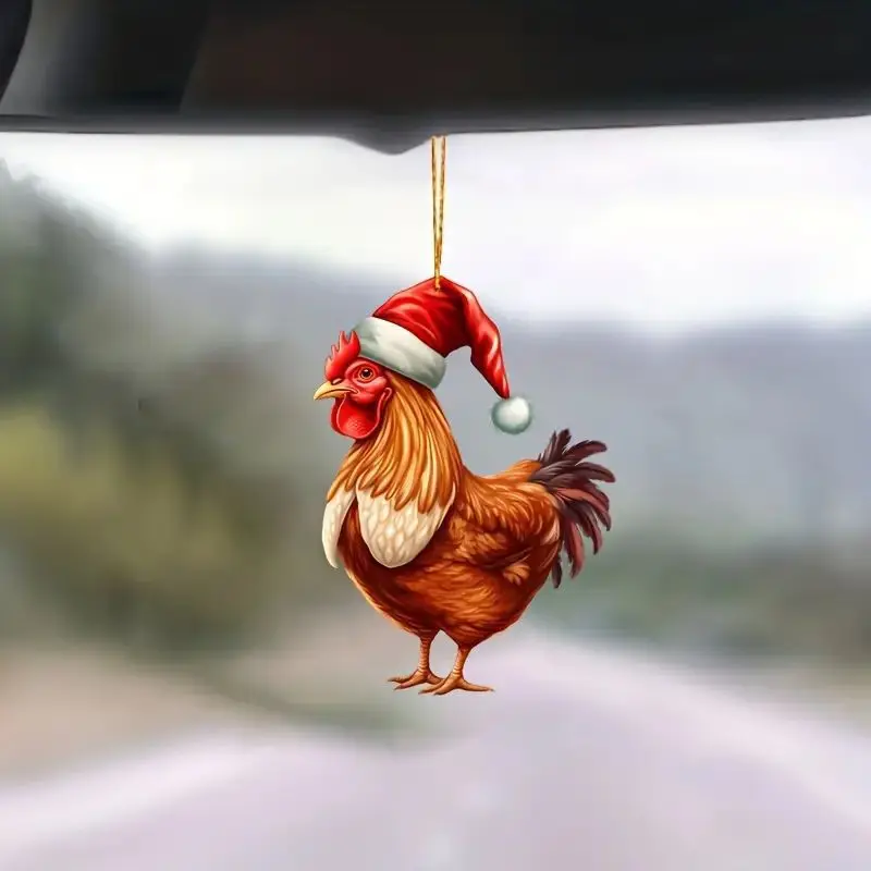 2D Acrylic Rooster Pendant Cartoon Christmas Rooster Ornament Funny Christmas Chicken Ornament For Homes Christmas Tree Cars