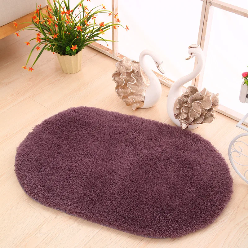 Simple Style Oval Solid Color Home Floor Mat Soft Plush Living Room Decoration Carpet Fashionable Bedroom Bedside Foot Pads