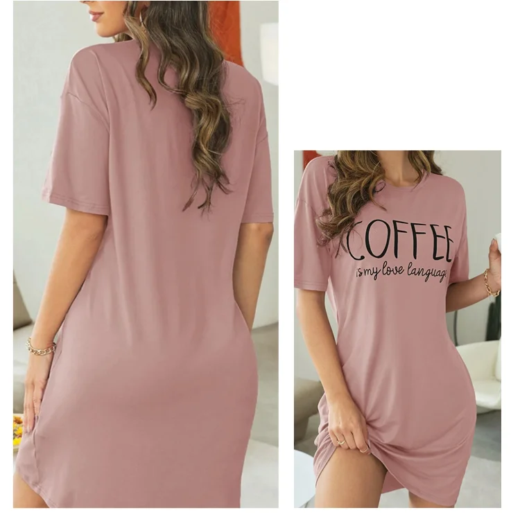 Damen-Nachthemd, Sommer, kurzärmelig, Schlafshirt, Rundhalsausschnitt, T-Shirt-Kleid, weiches Nachthemd, Heimkleidung, Nachtwäsche und Loungewear – Detail 9