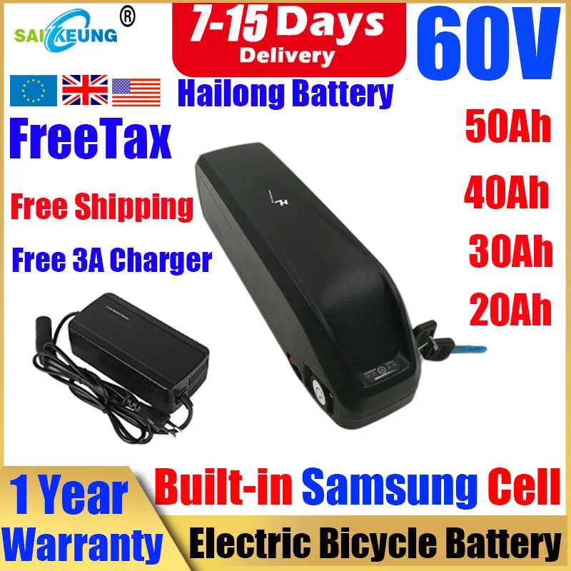 Electric Bicycle Hailong 60v Battery 36V48V52V Li-tio Battery 60V 72V 20/30/40/50/60ah Bafang Lithium Battery pack Free shipping