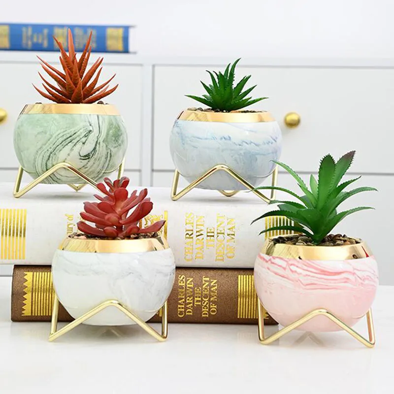 Nordic Style Porcelain Gold Edge Marble Grain Succulent Plant Pot Bonai Vase Round Ball Flowerpot Gold Ice Rack Home Decor