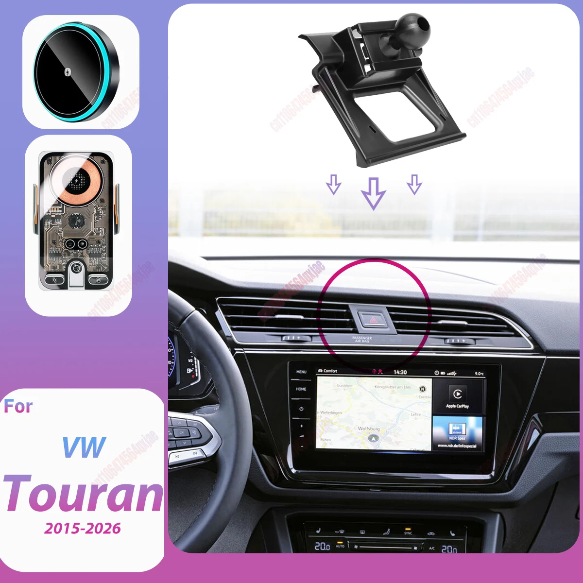 For VW Touran 2015-2026 Smart car phone holder Mount Automatic Locking Cell Phone Vehicle-Specific Charging Holder