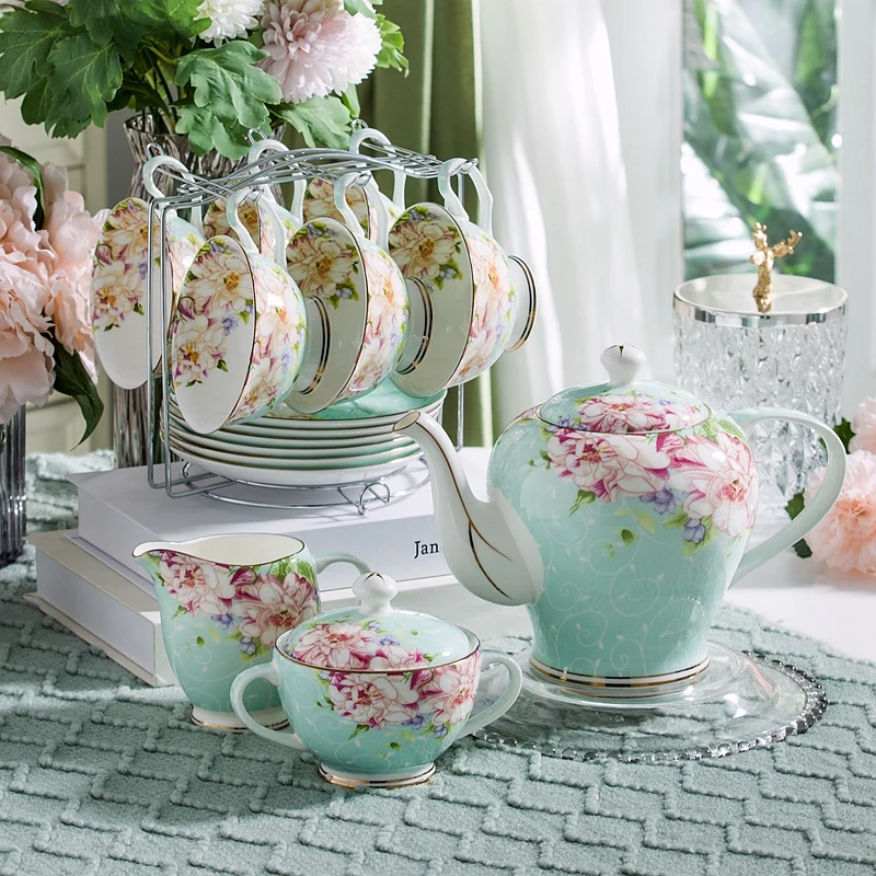 European luxury ceramic coffee cup set 6 pieces with dish spoon  mug milk tea coffee green drink 600ml gift