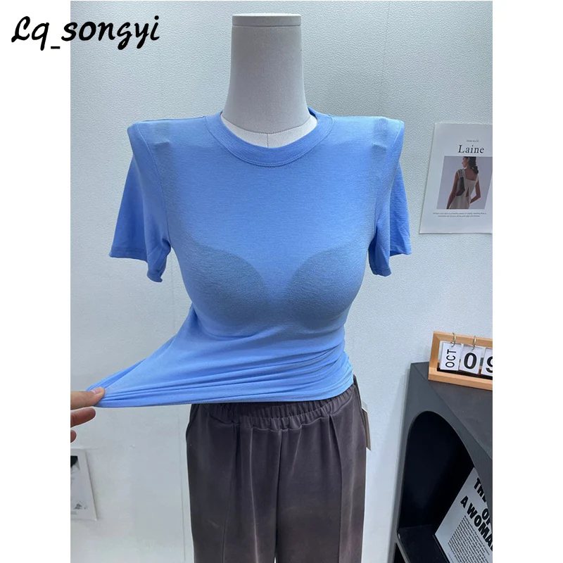 

Lq_songyi O Neck Slim T Shirts Women 2024 New Summer Solid Basic Soft Tops Short Sleeve Thin T Shirts Short High Strech Top