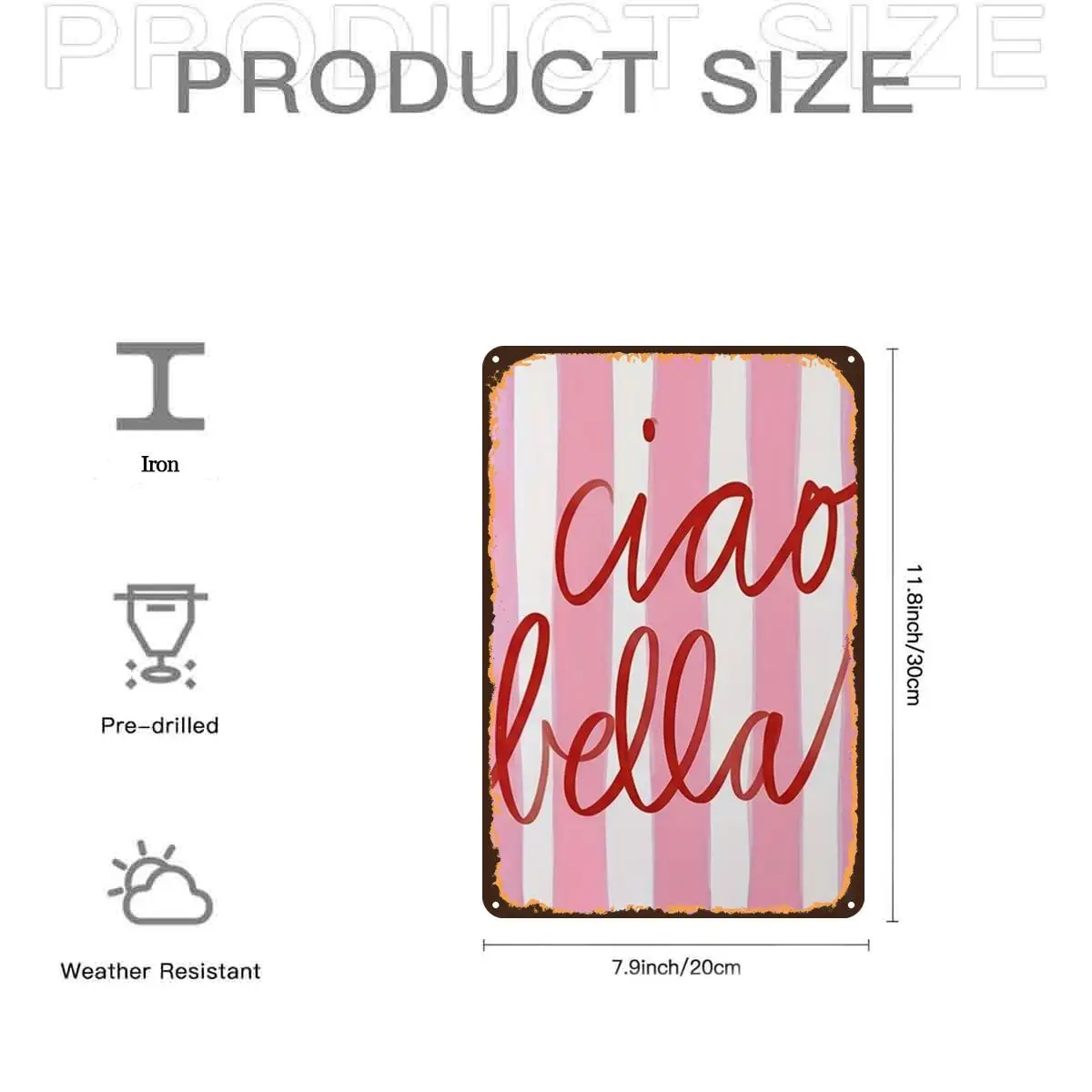 2D Flat, 2D Flat,1pc,Cute Striped Ciao Bella DesignMetal Tin Sign, Pre-Drilled Holes, Suitable for Indoor, Garden,Outdoor, Home,