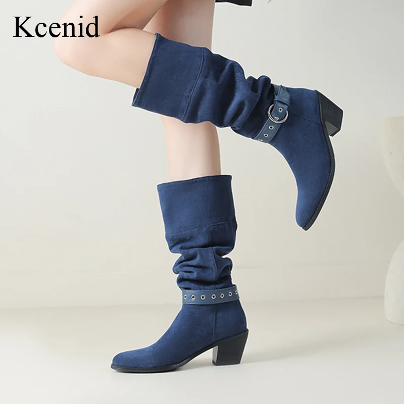 

Kcenid Women's Retro Fold Design Mid-Calf Boots Pleated Pointed Toe Square Heel Fashion Casual Shoes Zapatos De Mujer