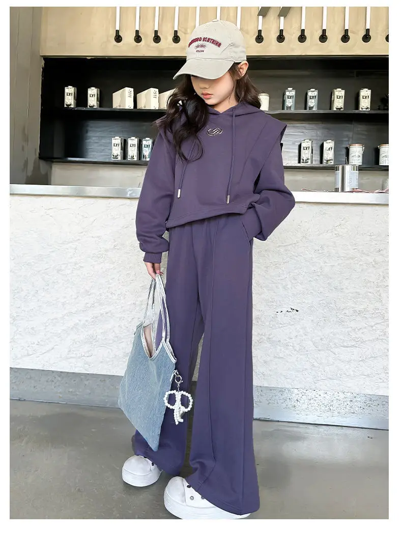 ZOETOPKID Mädchen-Set aus stilvollem Baumwoll-Crop-Sweatshirt mit Kapuze und lockerer Hose, 2-teiliger Trainingsanzug für Schulkinder, Kinder-Outfits – Detail 6