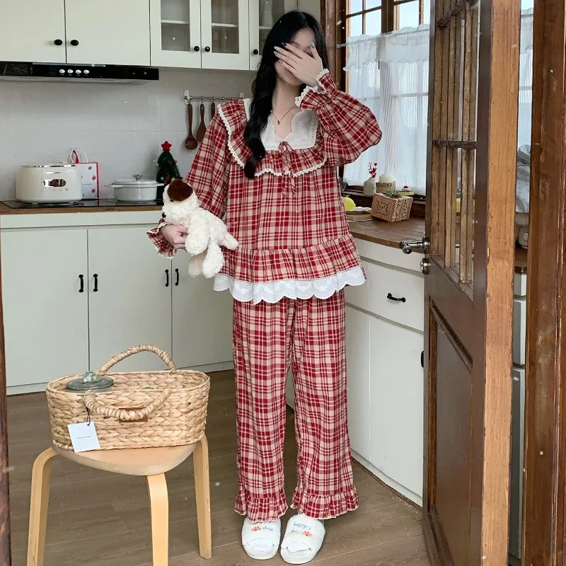 Wholesale Korean Style Long Sleeved Plaid Cotton Pajamas  Romantic V Neck  Cute Lotus Leaf Edges  Spring Autumn 2 Piece XL  Size