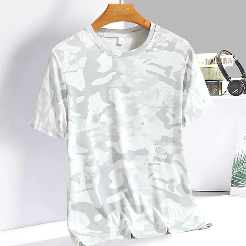 2023 Summer New Ice Silk T-shirt Camo Personalized European, American, British Wind Speed Dry Short Sleeve T-shirt