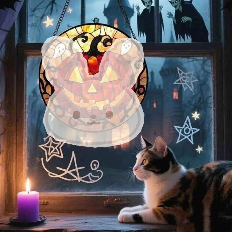 Halloween Stained Glass Pumpkin Suncatcher Cute Ghost Art Design Window Hanging Ornament for Party Home Spooky Decor